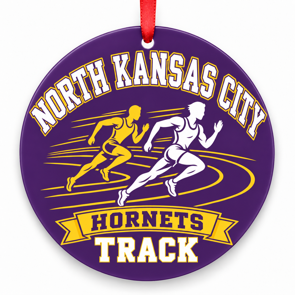 North Kansas City High School Hornets Track Christmas ornament — Runners — purple and gold with red ribbon