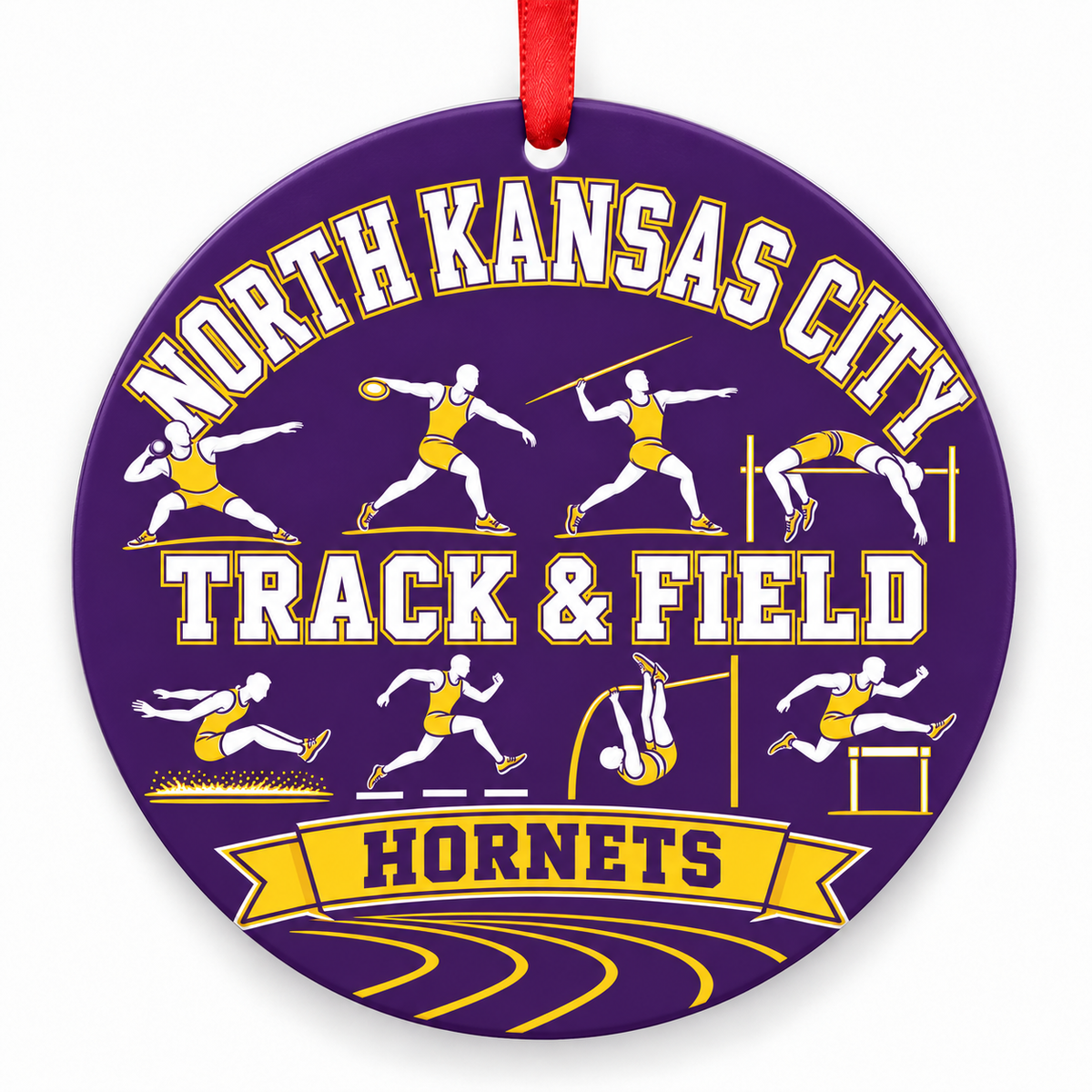 North Kansas City High School Hornets Track Christmas ornament — Track and Field — purple and gold with red ribbon