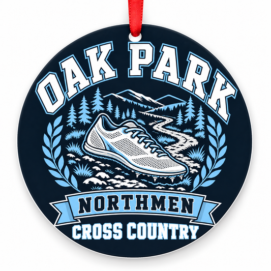 Oak Park High School Northmen Cross Country Christmas ornament — Design 1 — navy, Columbia blue, white and silver with red ribbon