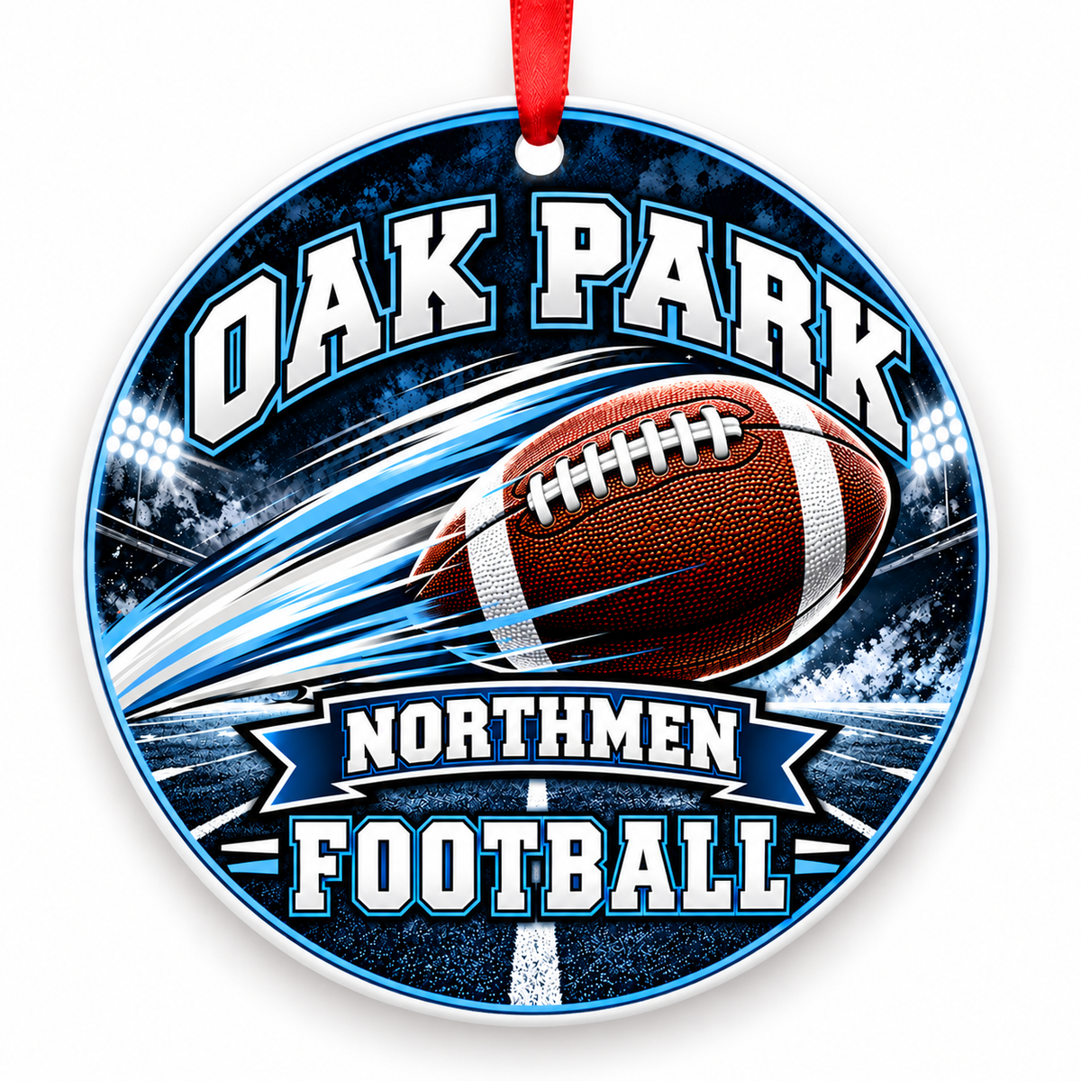 Oak Park High School Northmen Football Christmas ornament — Football in Motion — navy, Columbia blue, white and silver with red ribbon