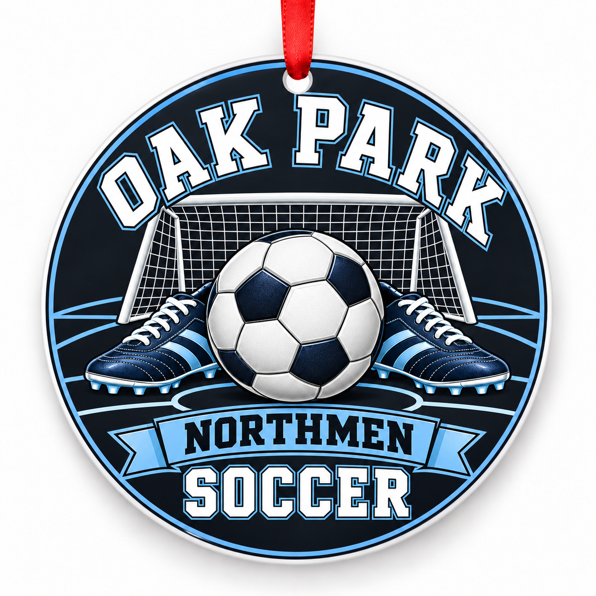 Oak Park High School Northmen Soccer Christmas ornament — Original Design — navy, Columbia blue, white and silver with red ribbon