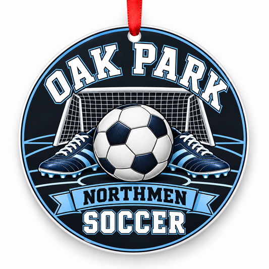 Oak Park High School Northmen Soccer Christmas ornament — Original Design — navy, Columbia blue, white and silver with red ribbon