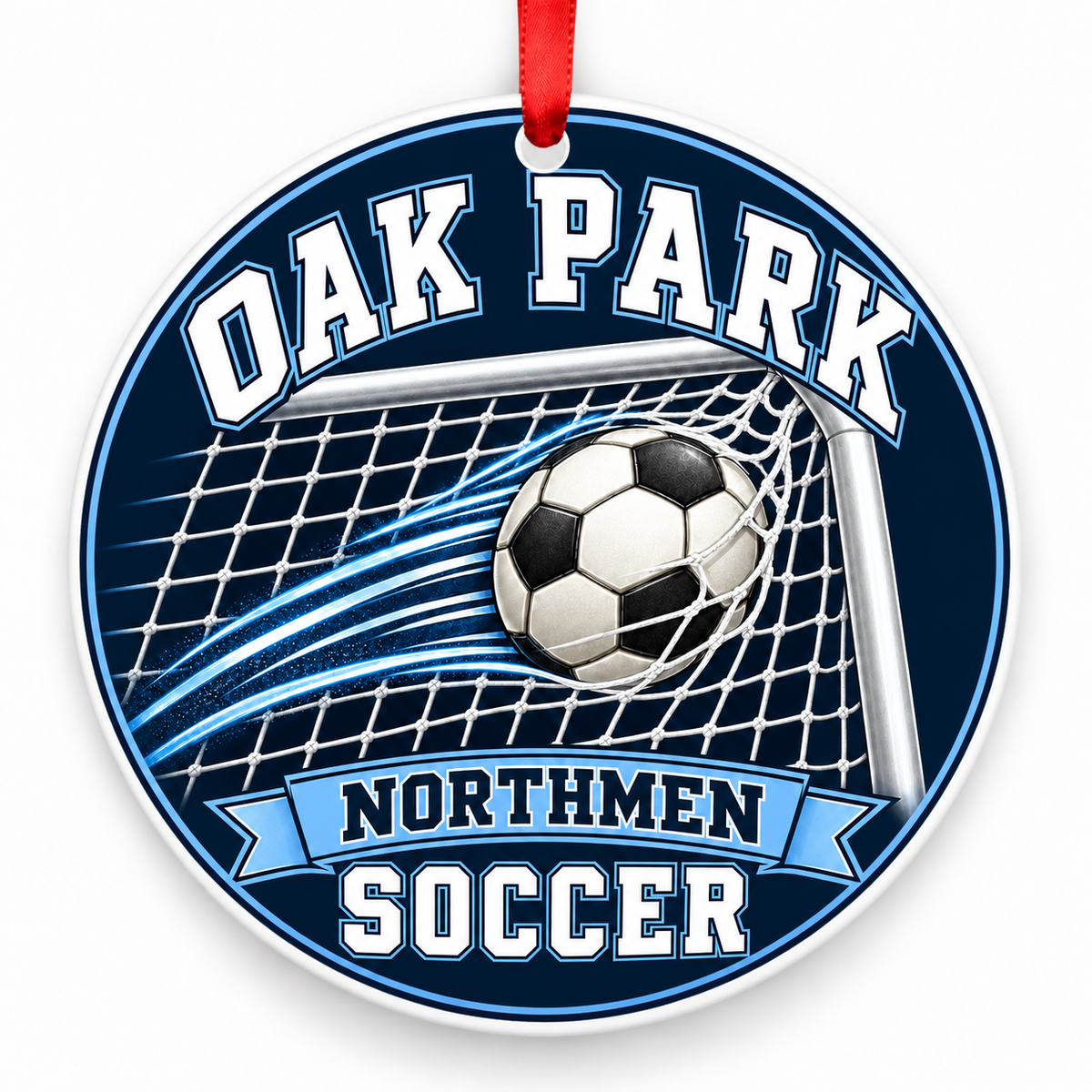 Oak Park High School Northmen Soccer Christmas ornament — Ball and Goal — navy, Columbia blue, white and silver with red ribbon