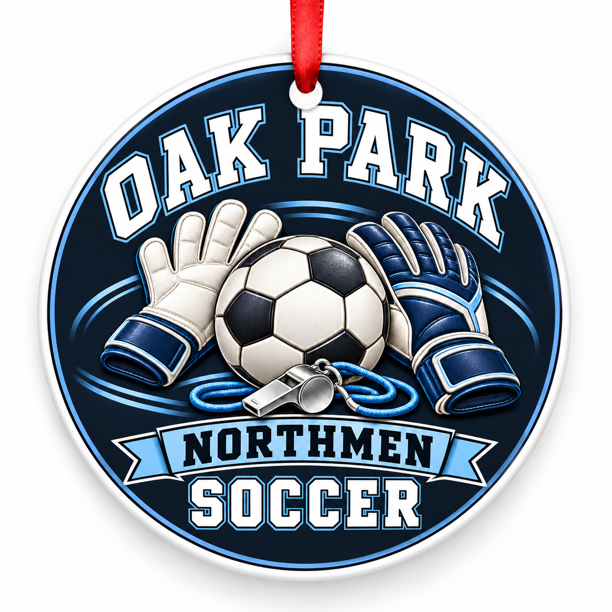 Oak Park High School Northmen Soccer Christmas ornament — Goalkeeper Gear — navy, Columbia blue, white and silver with red ribbon