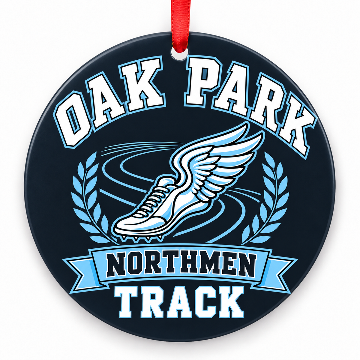 Oak Park High School Northmen Track Christmas ornament — Original Design — navy, Columbia blue, white and silver with red ribbon