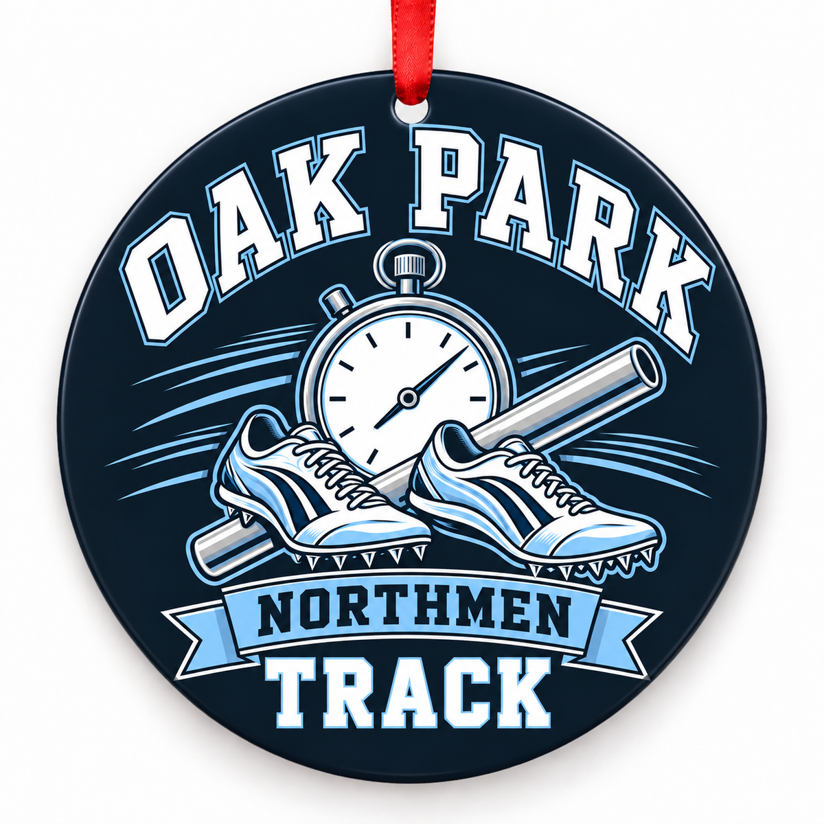 Oak Park High School Northmen Track Christmas ornament — Stopwatch and Spikes — navy, Columbia blue, white and silver with red ribbon