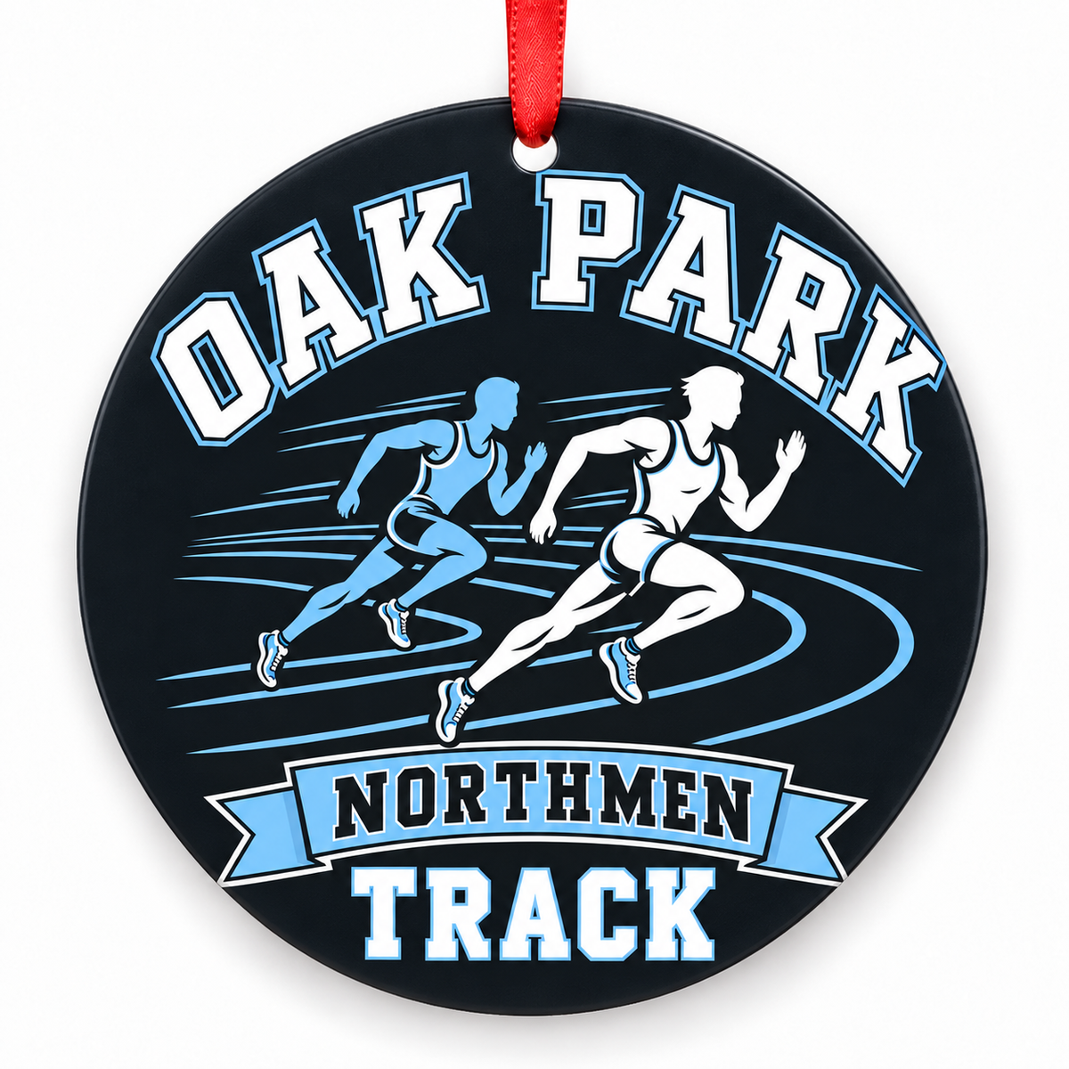 Oak Park High School Northmen Track Christmas ornament — Runners — navy, Columbia blue, white and silver with red ribbon