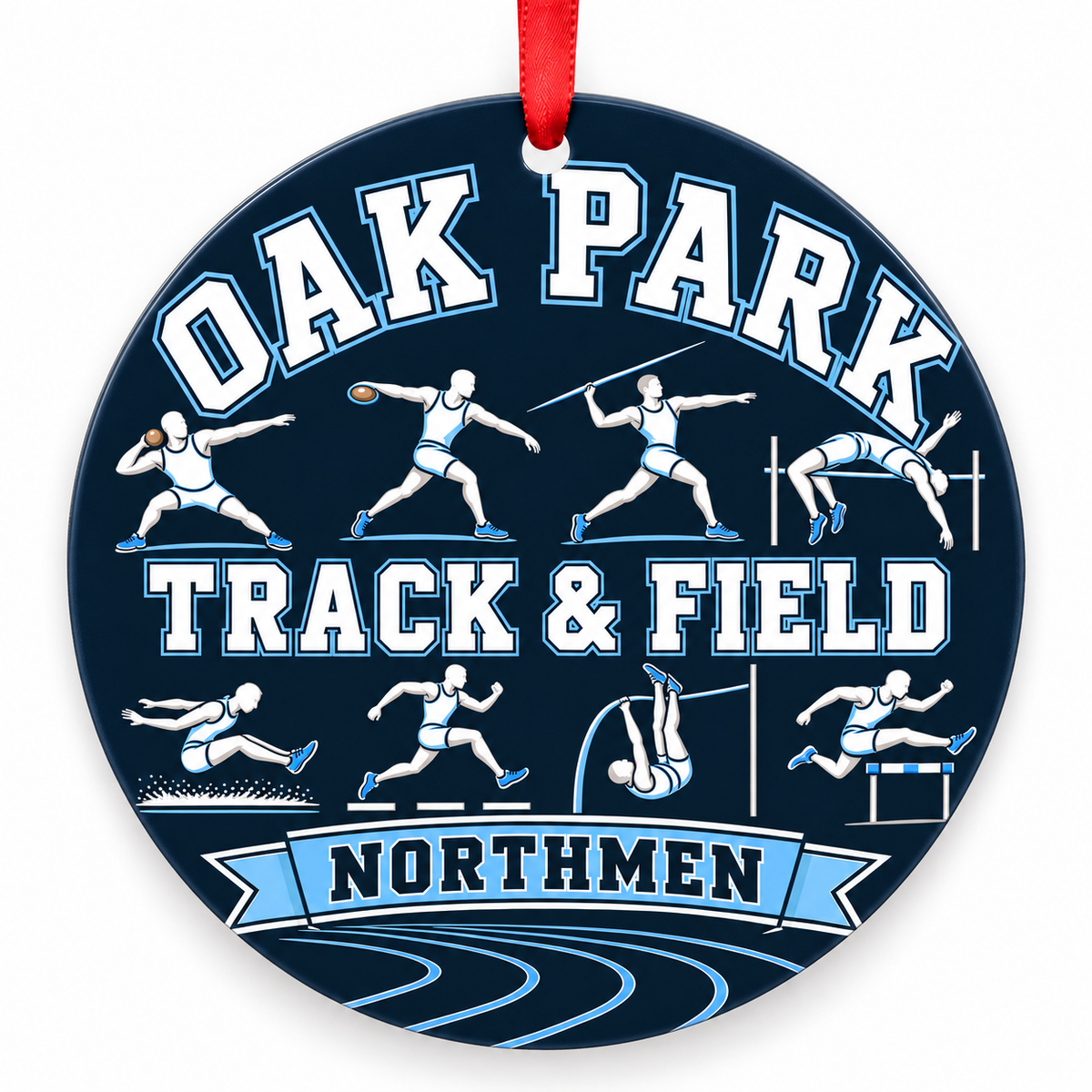 Oak Park High School Northmen Track Christmas ornament — Track and Field — navy, Columbia blue, white and silver with red ribbon
