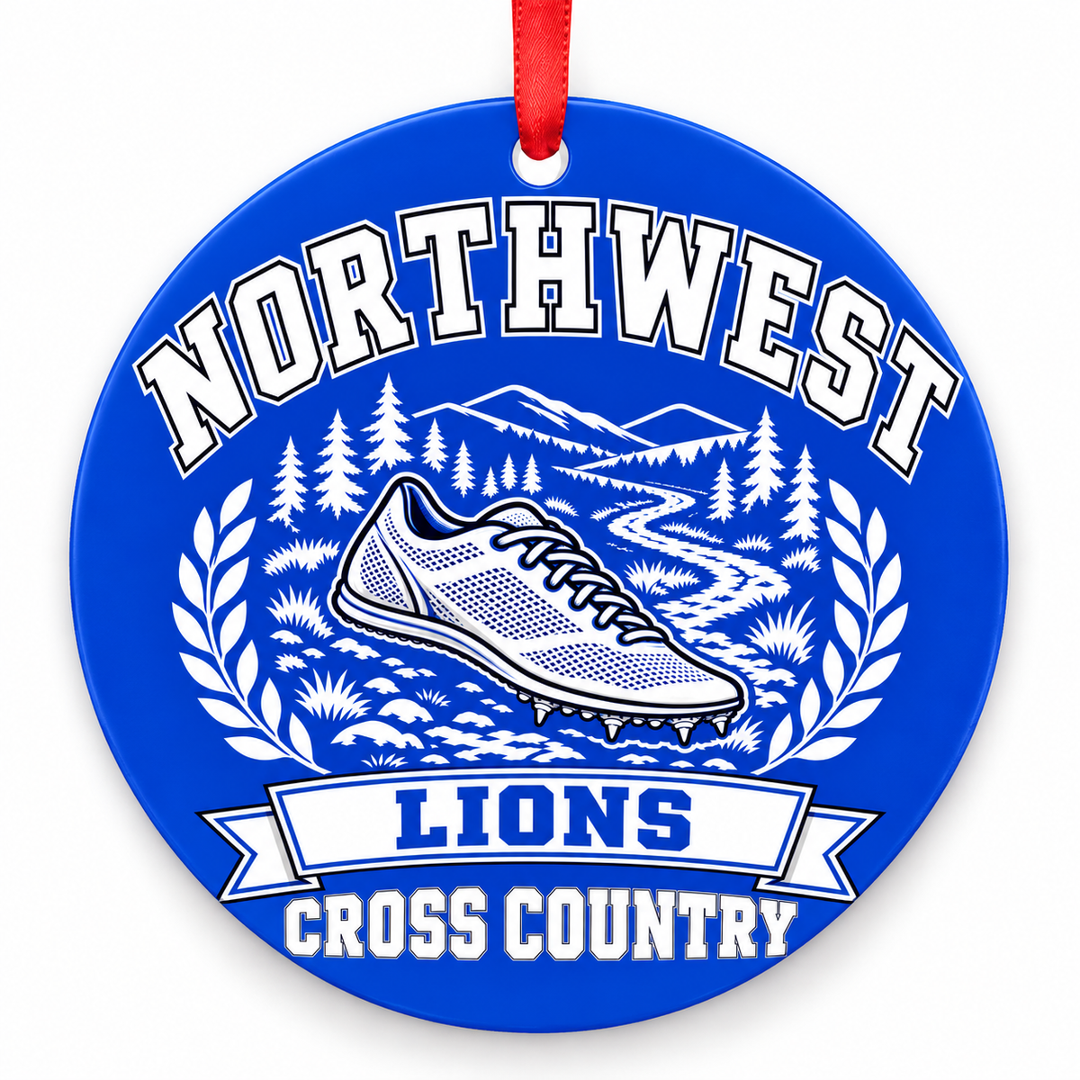 Northwest High School Lions Cross Country Christmas ornament — Design 1 — royal blue and white with red ribbon