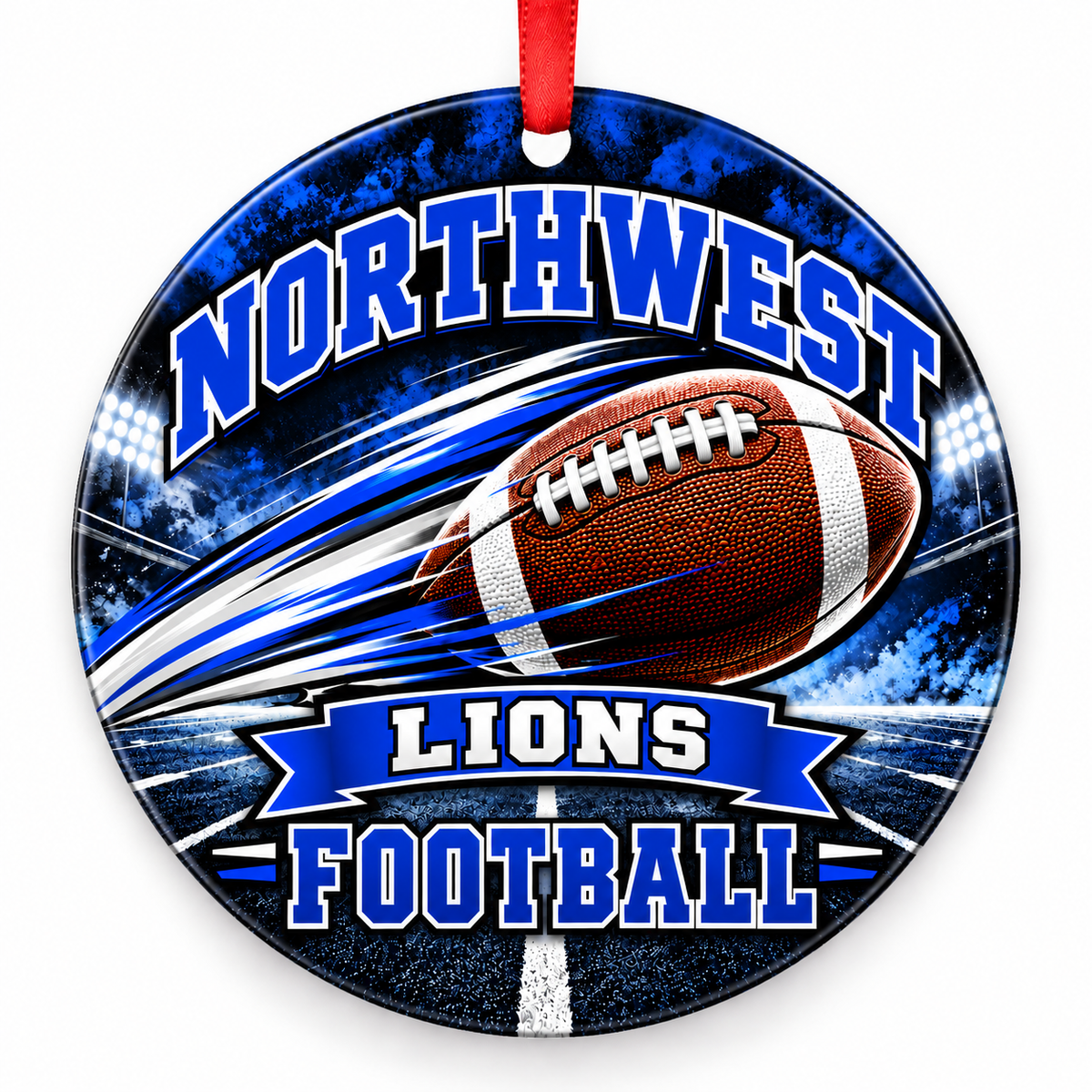 Northwest High School Lions Football Christmas ornament — Football in Motion — royal blue and white with red ribbon