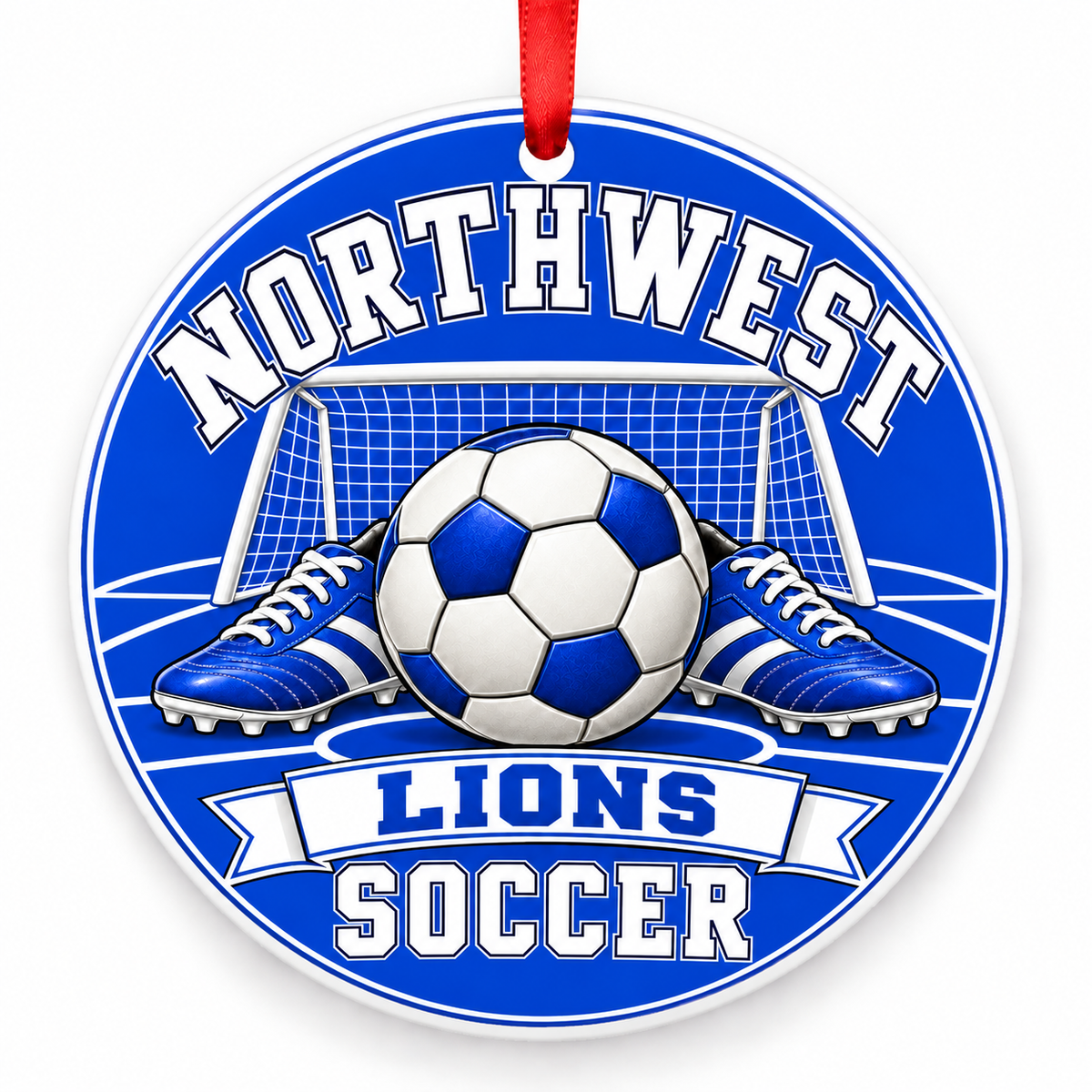 Northwest High School Lions Soccer Christmas ornament — Original Design — royal blue and white with red ribbon