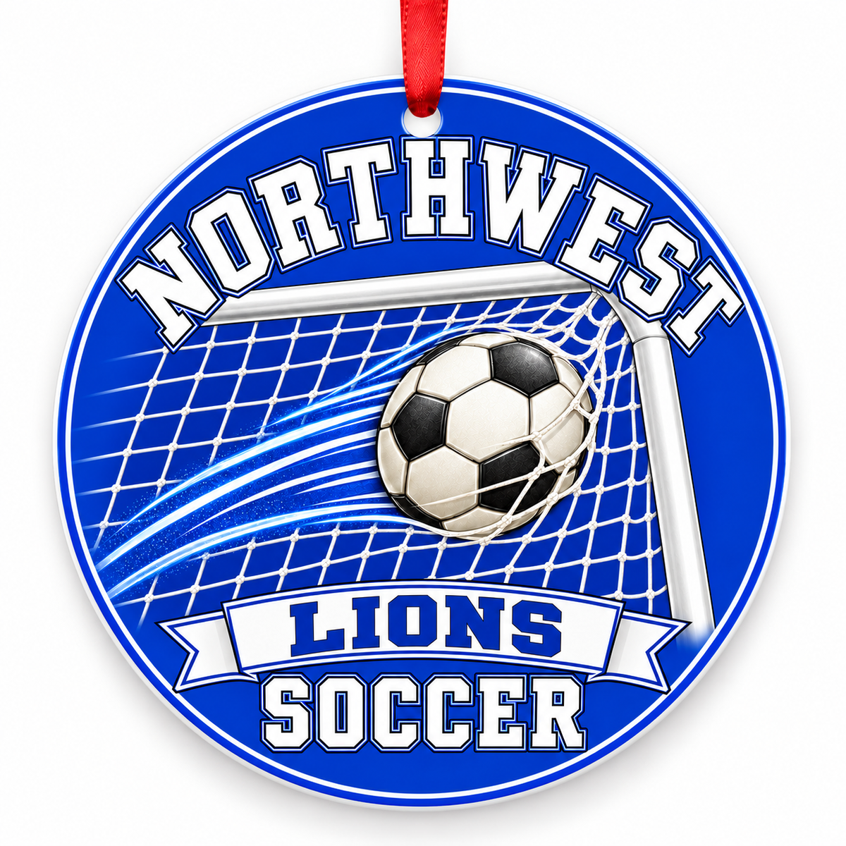Northwest High School Lions Soccer Christmas ornament — Ball and Goal — royal blue and white with red ribbon