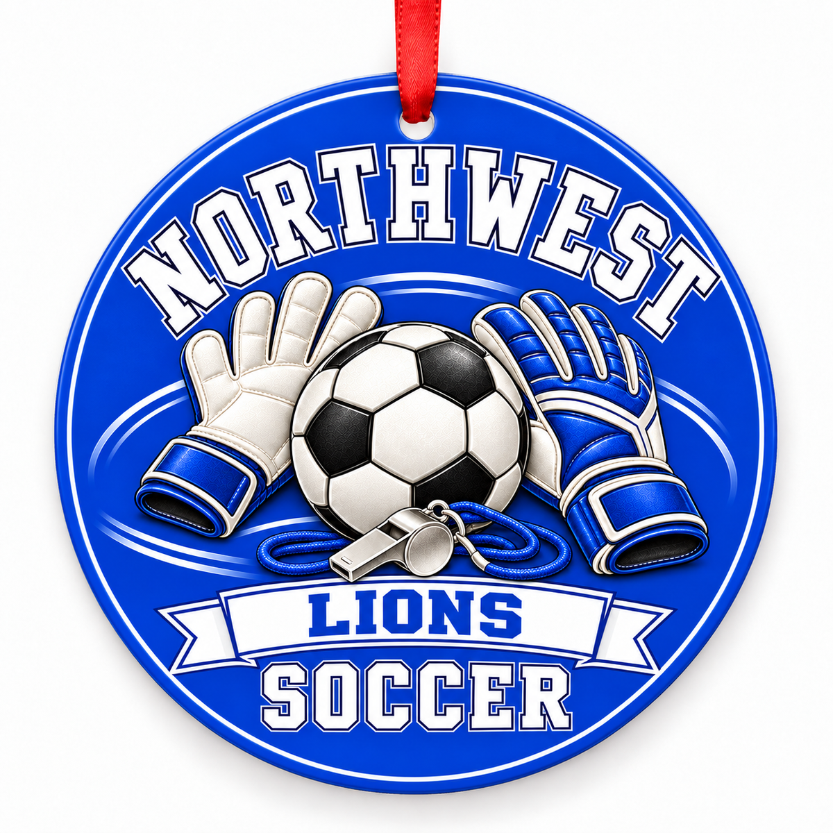Northwest High School Lions Soccer Christmas ornament — Goalkeeper Gear — royal blue and white with red ribbon