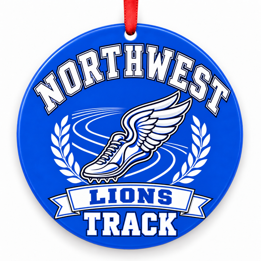 Northwest High School Lions Track Christmas ornament — Original Design — royal blue and white with red ribbon