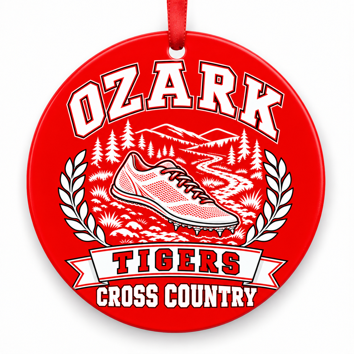 Ozark High School Tigers Cross Country Christmas ornament — Design 1 — red and white with red ribbon