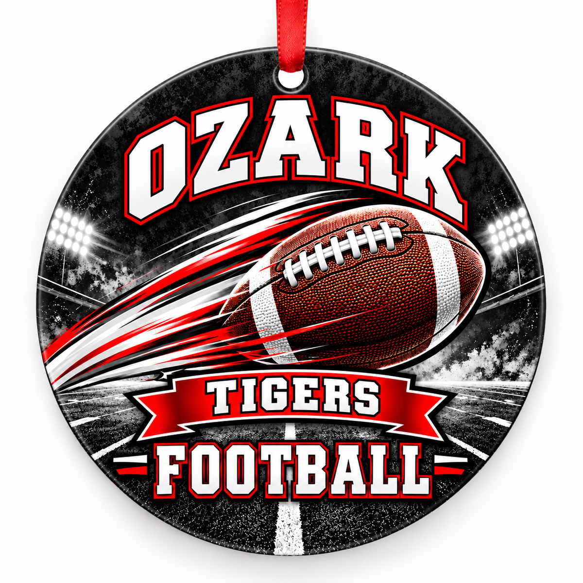 Ozark High School Tigers Football Christmas ornament — Football in Motion — red and white with red ribbon