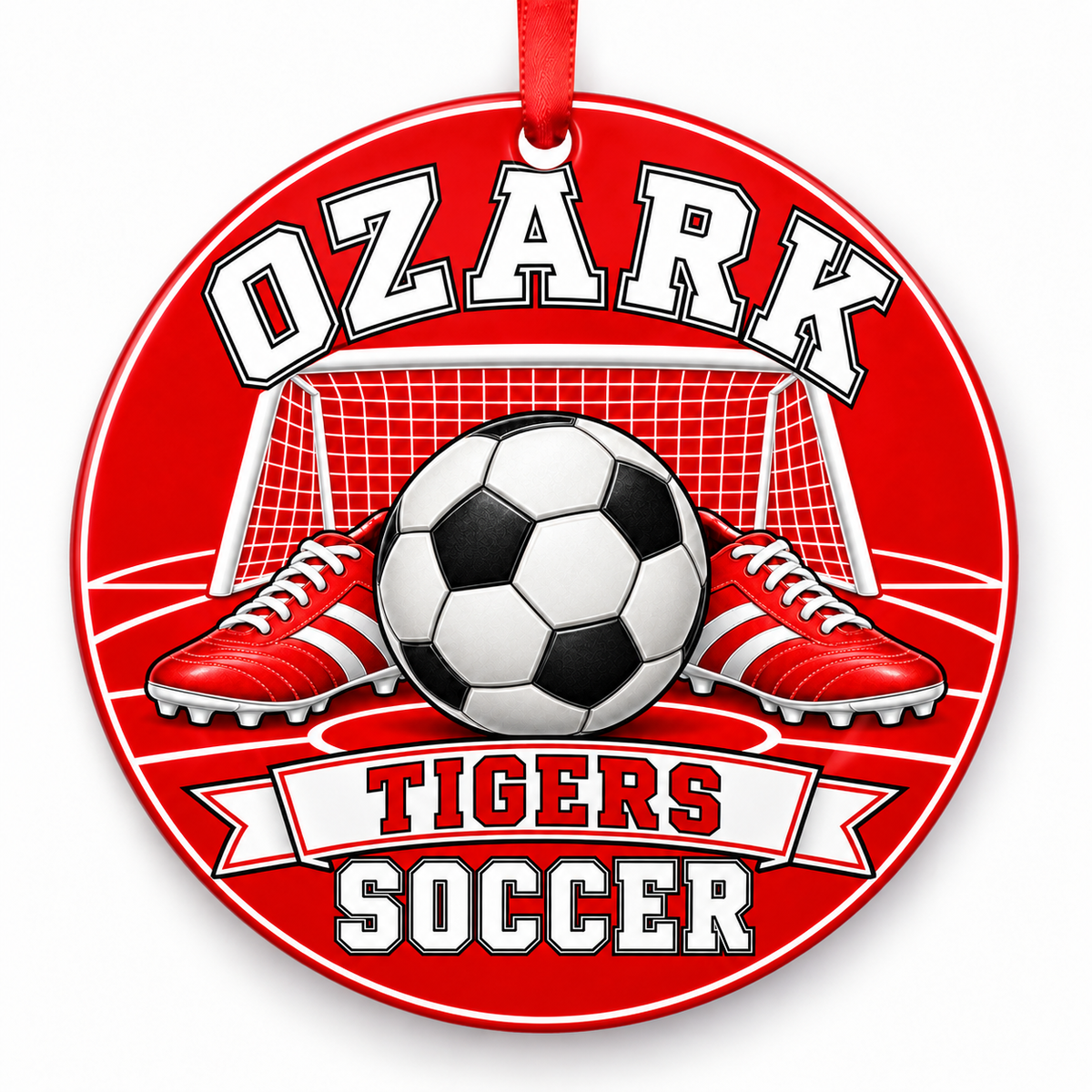 Ozark High School Tigers Soccer Christmas ornament — Original Design — red and white with red ribbon