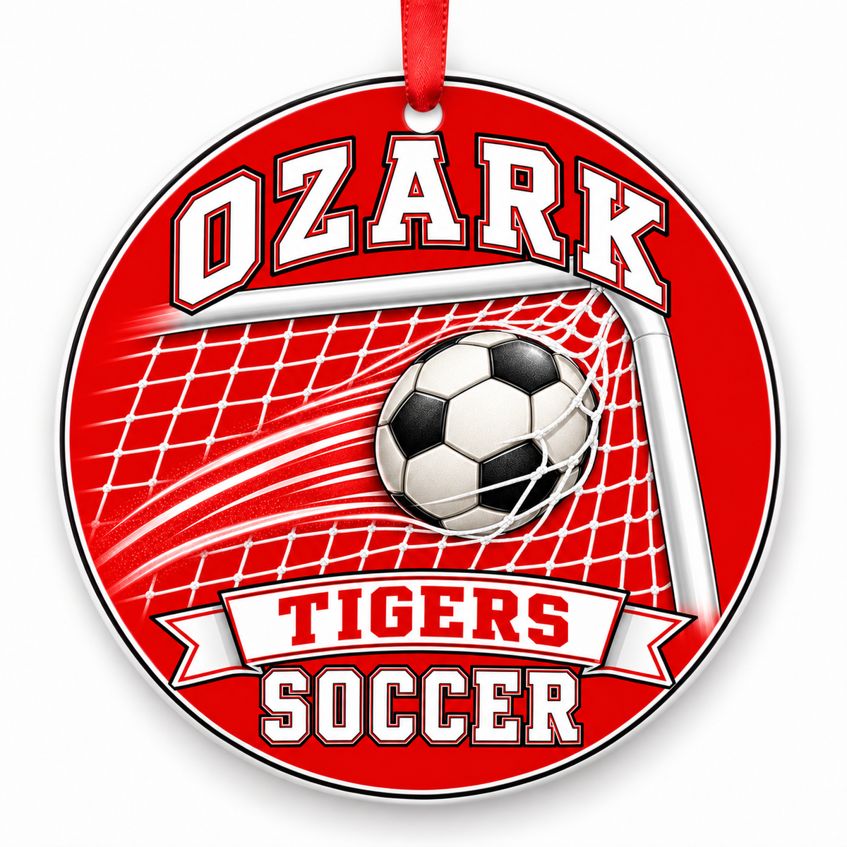 Ozark High School Tigers Soccer Christmas ornament — Ball and Goal — red and white with red ribbon