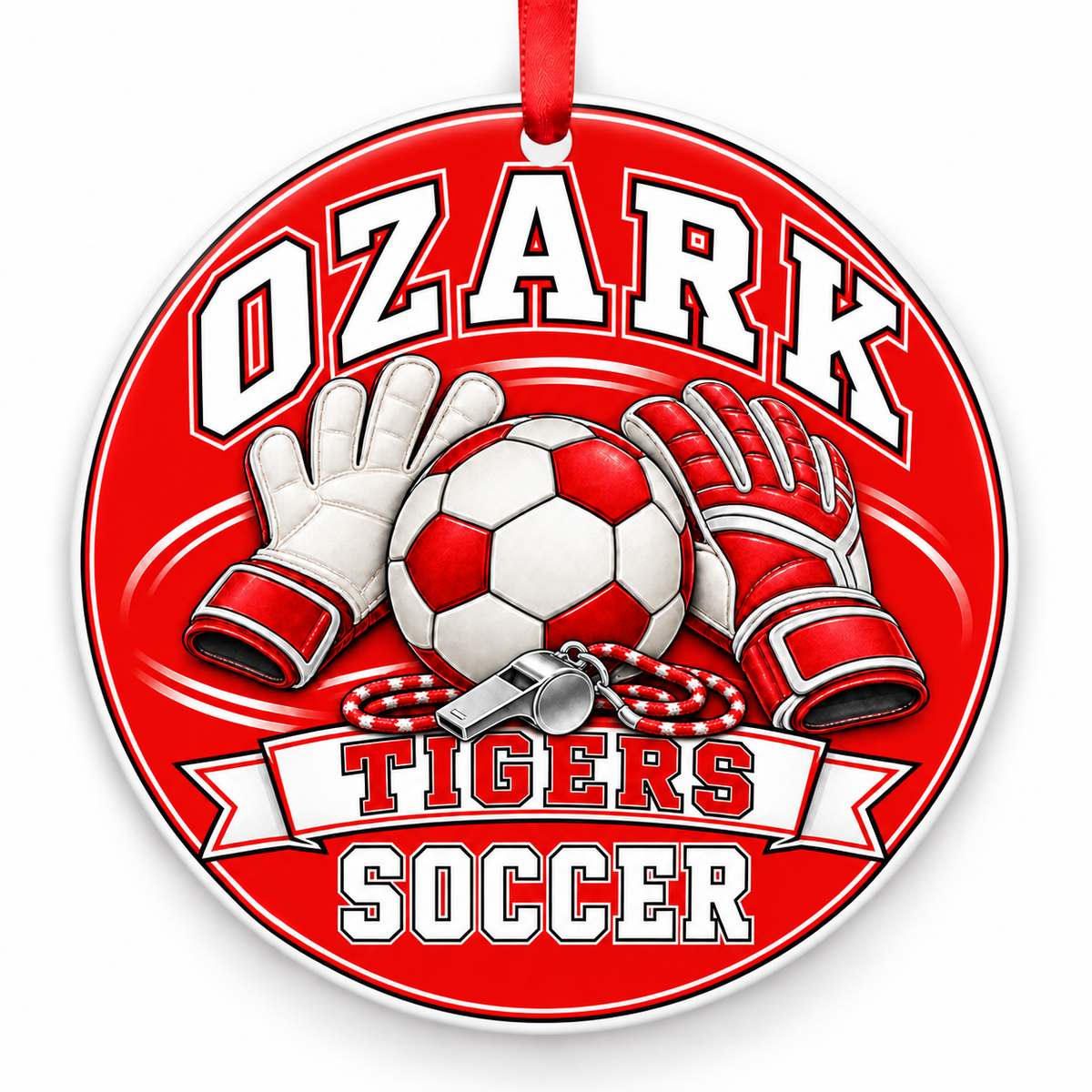 Ozark High School Tigers Soccer Christmas ornament — Goalkeeper Gear — red and white with red ribbon