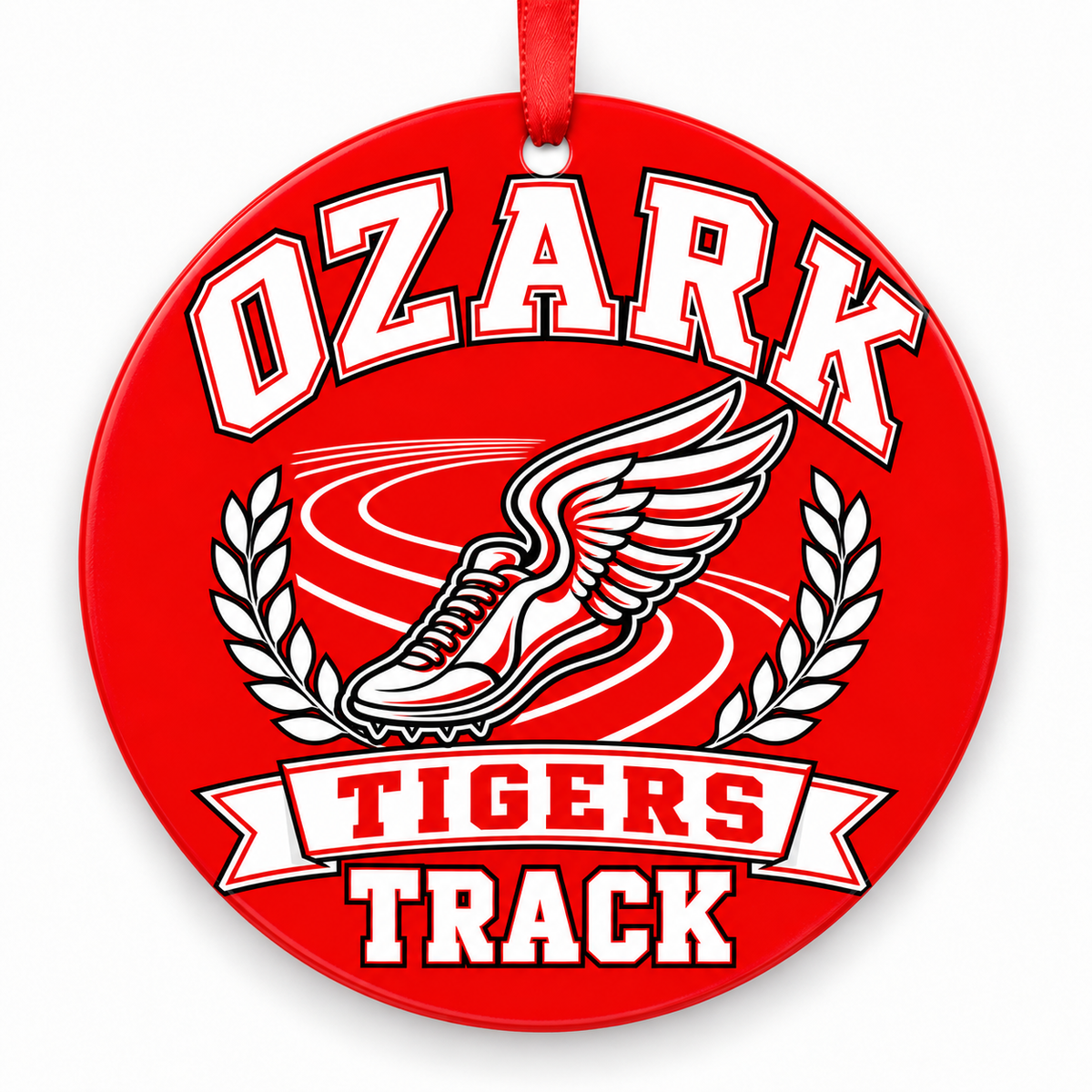 Ozark High School Tigers Track Christmas ornament — Original Design — red and white with red ribbon