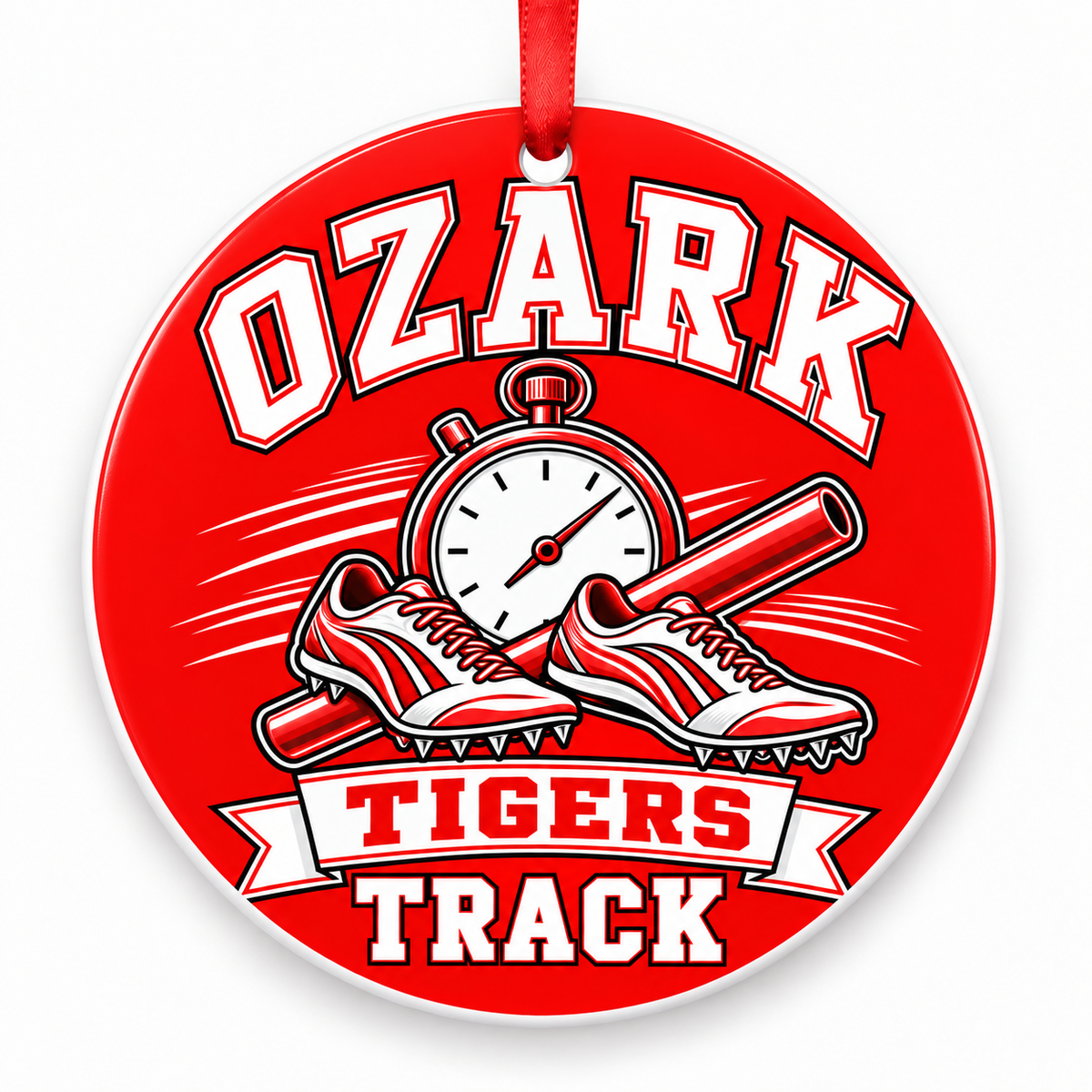 Ozark High School Tigers Track Christmas ornament — Stopwatch and Spikes — red and white with red ribbon