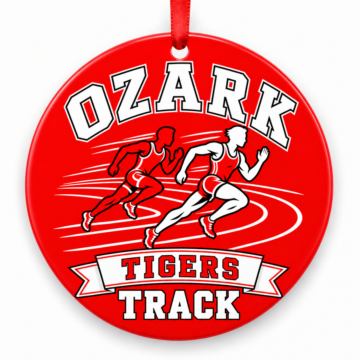 Ozark High School Tigers Track Christmas ornament — Runners — red and white with red ribbon