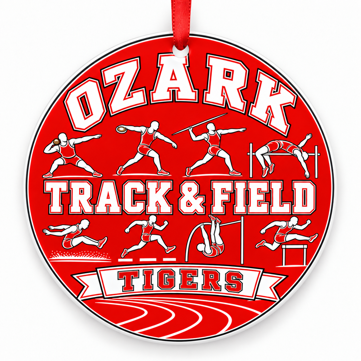 Ozark High School Tigers Track Christmas ornament — Track and Field — red and white with red ribbon