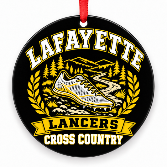 Lafayette High School Lancers Cross Country Christmas ornament — Design 1 — black, white and gold with red ribbon