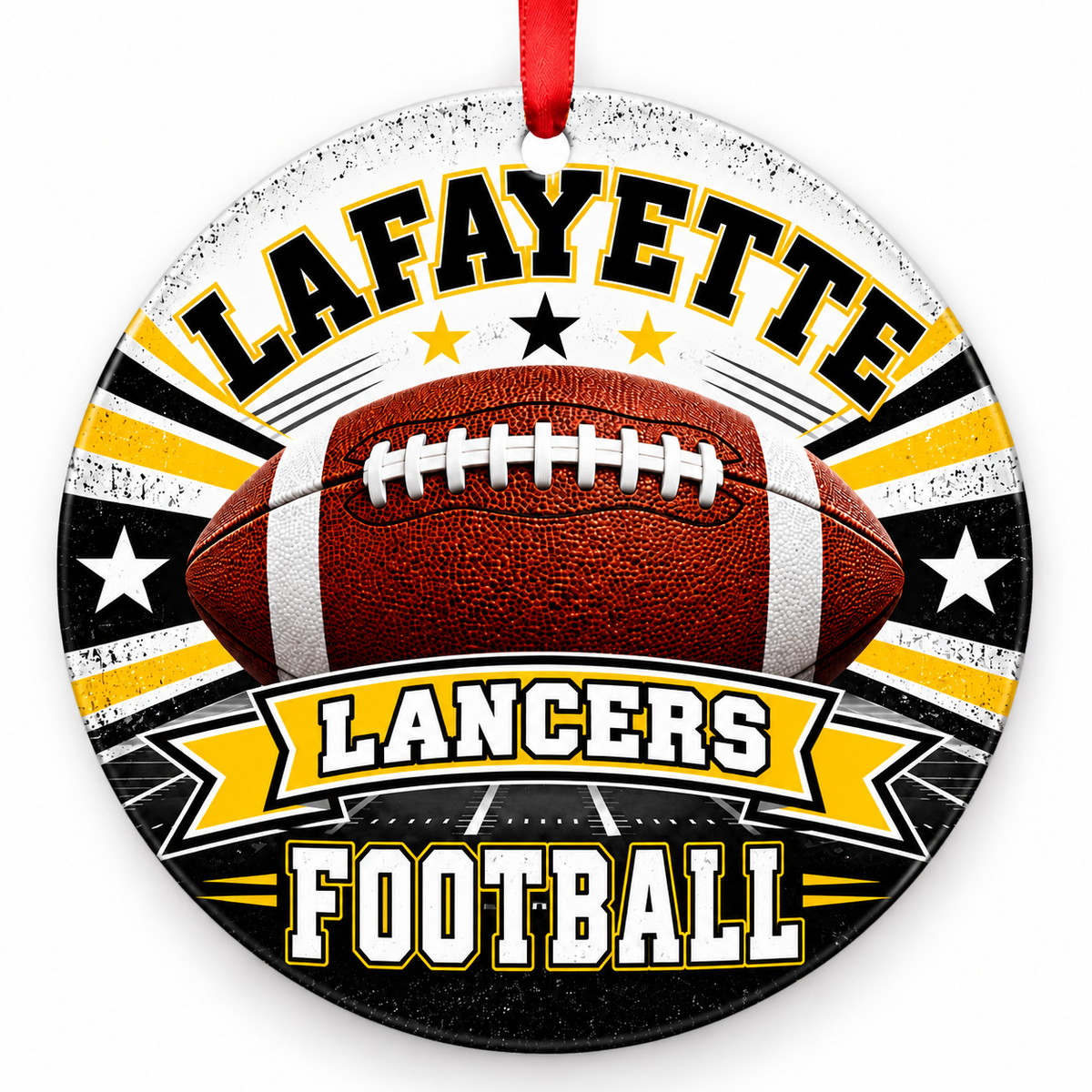 Lafayette High School Lancers Classic Football Christmas ornament in black, white and gold with red ribbon