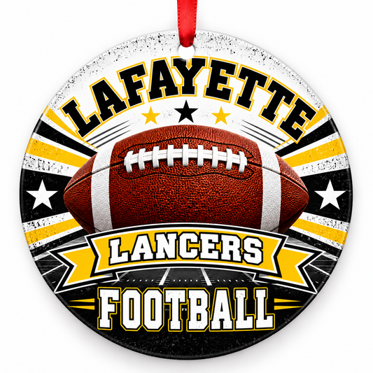 Lafayette High School Lancers Classic Football Christmas ornament in black, white and gold with red ribbon
