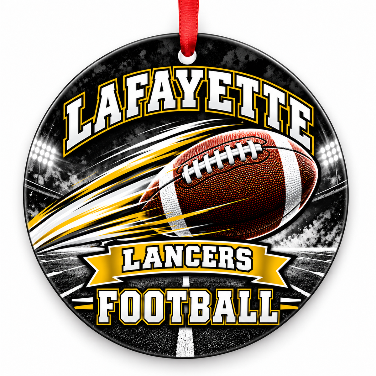 Lafayette High School Lancers Football Christmas ornament — Football in Motion — black, white and gold with red ribbon