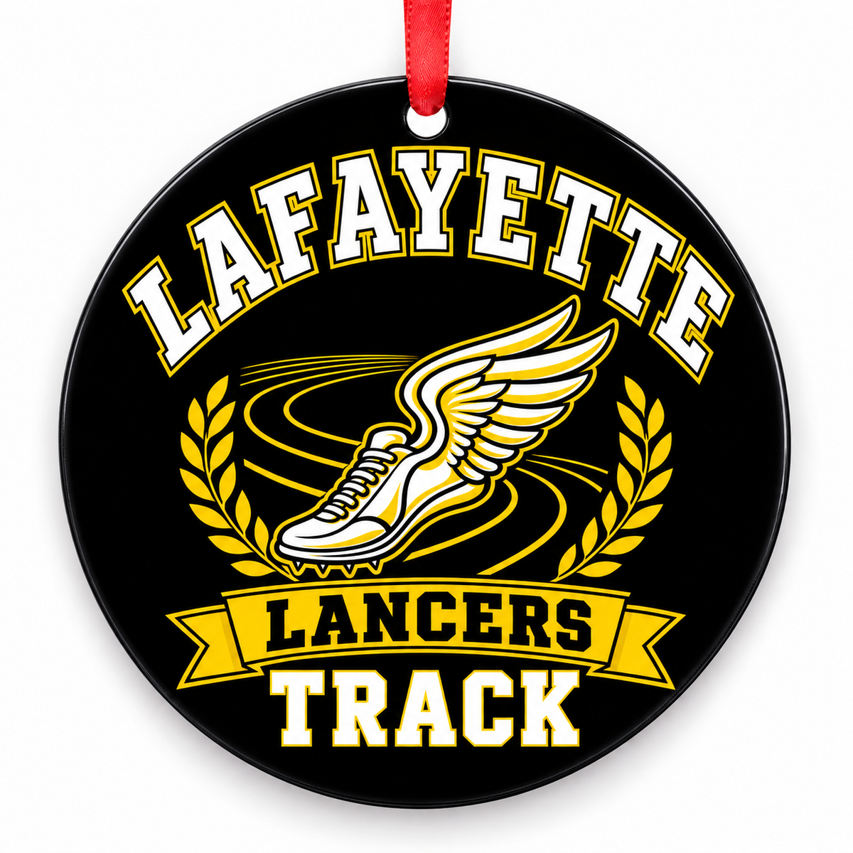 Lafayette High School Lancers Track Christmas ornament — Original Design — black, white and gold with red ribbon