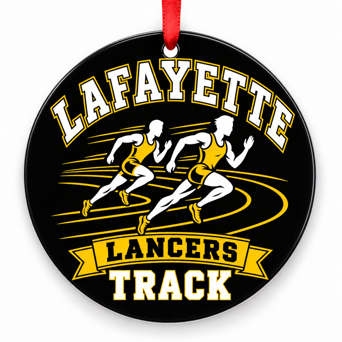 Lafayette High School Lancers Track Christmas ornament — Runners — black, white and gold with red ribbon