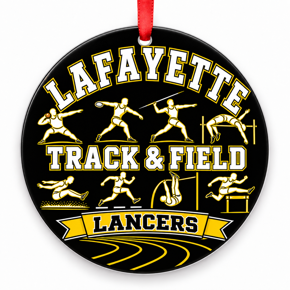 Lafayette High School Lancers Track Christmas ornament — Track and Field — black, white and gold with red ribbon