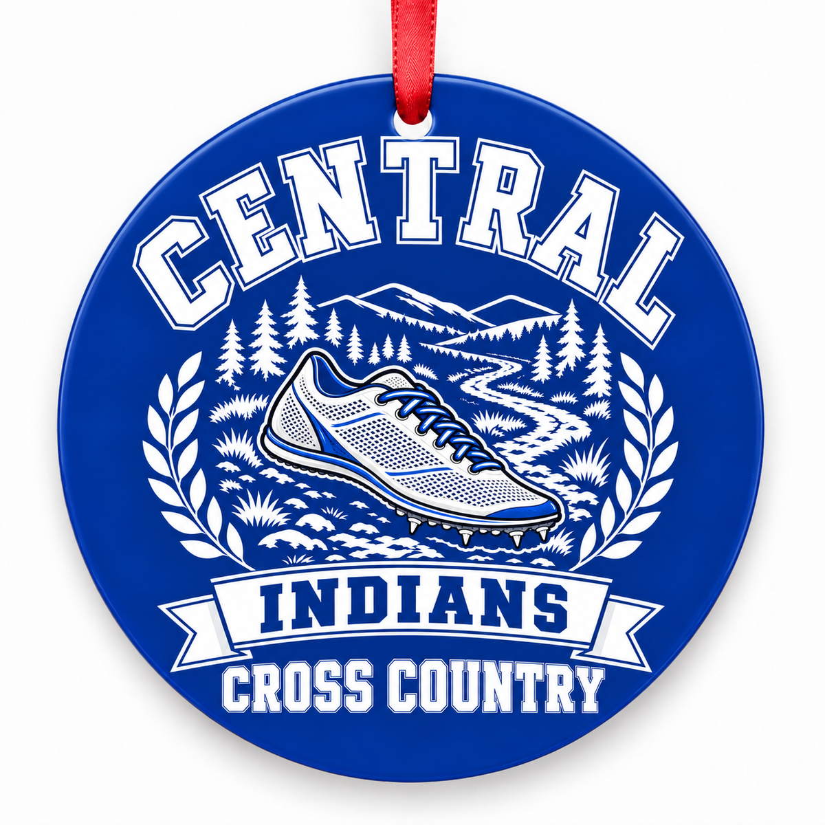 Central High School Indians Cross Country Christmas ornament — Design 1 — royal blue and white with red ribbon