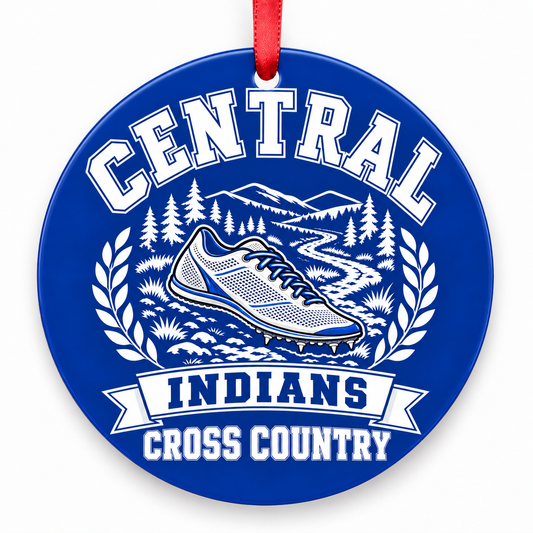 Central High School Indians Cross Country Christmas ornament — Design 1 — royal blue and white with red ribbon