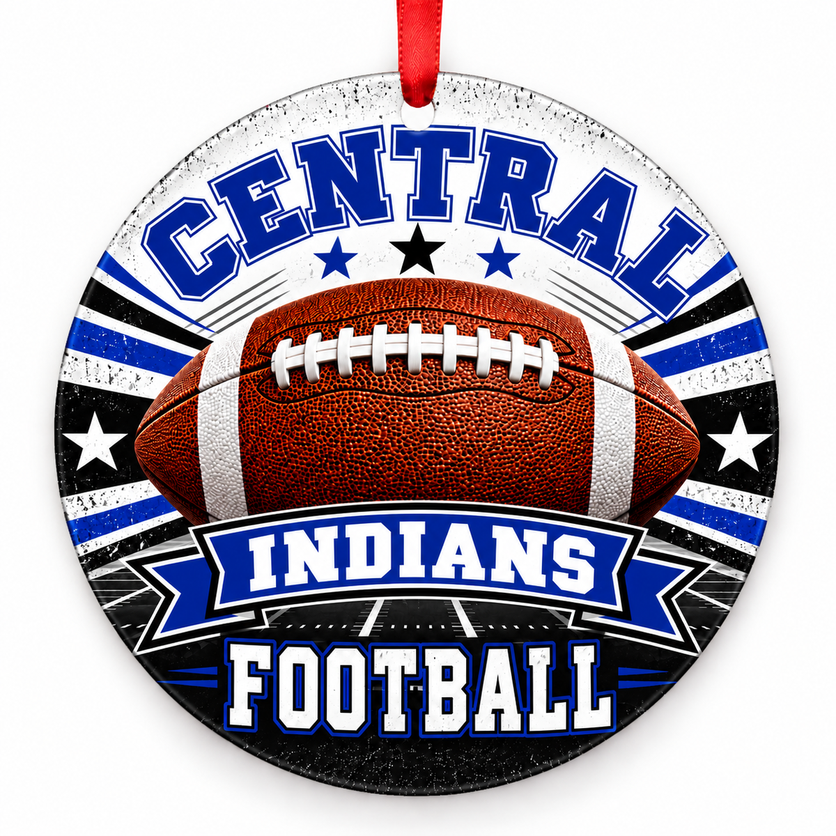 Central High School Indians Classic Football Christmas ornament in royal blue and white with red ribbon