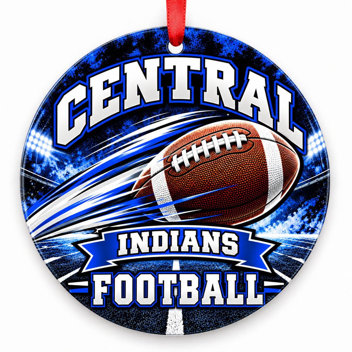 Central High School Indians Football Christmas ornament — Football in Motion — royal blue and white with red ribbon