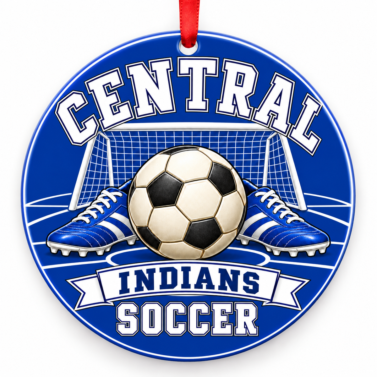Central High School Indians Soccer Christmas ornament — Original Design — royal blue and white with red ribbon