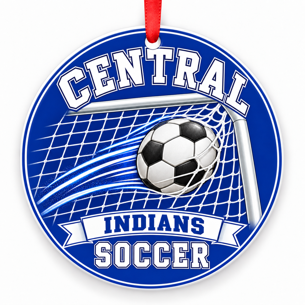 Central High School Indians Soccer Christmas ornament — Ball and Goal — royal blue and white with red ribbon
