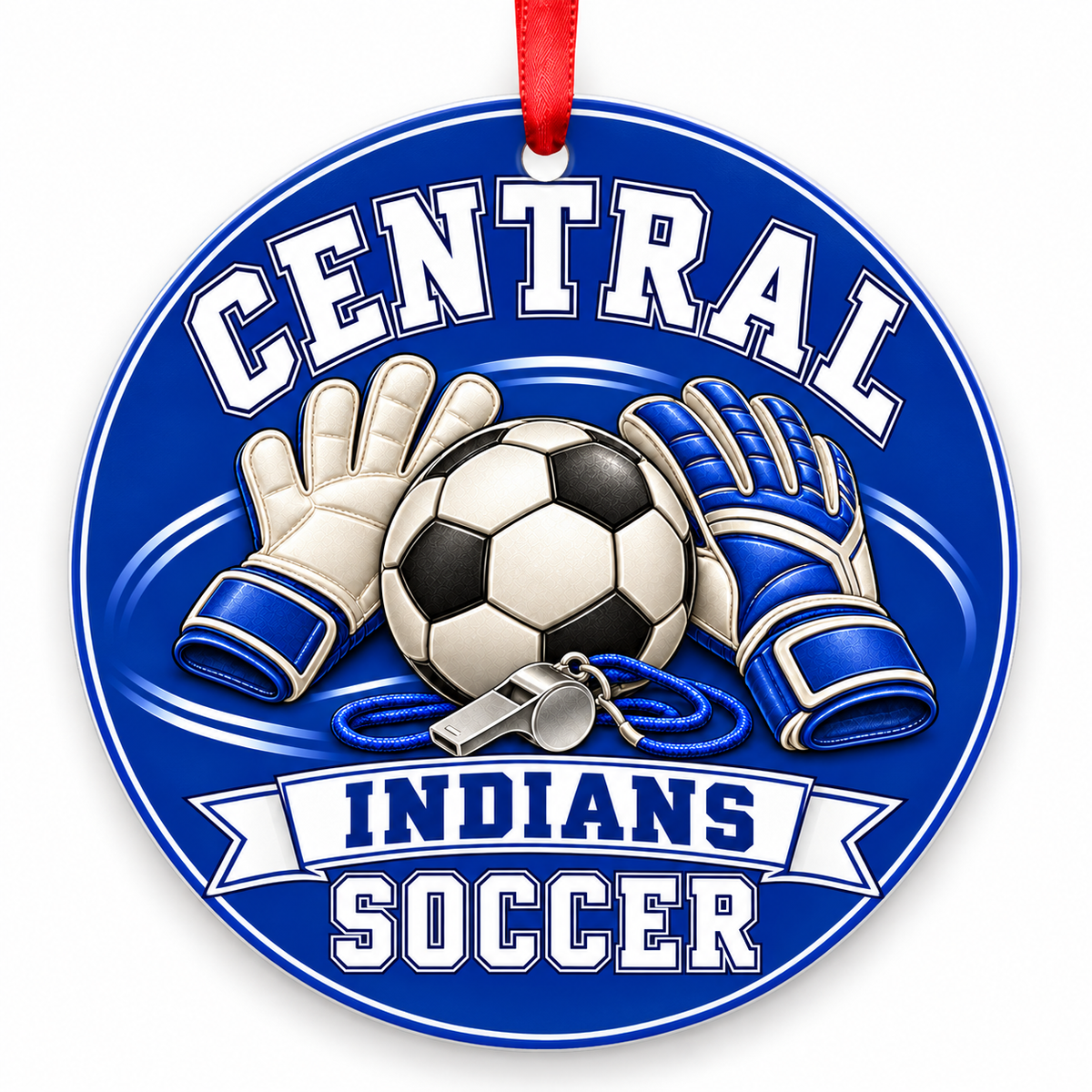 Central High School Indians Soccer Christmas ornament — Goalkeeper Gear — royal blue and white with red ribbon