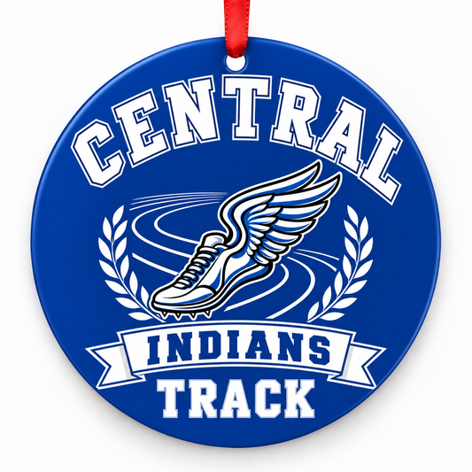 Central High School Indians Track Christmas ornament — Original Design — royal blue and white with red ribbon
