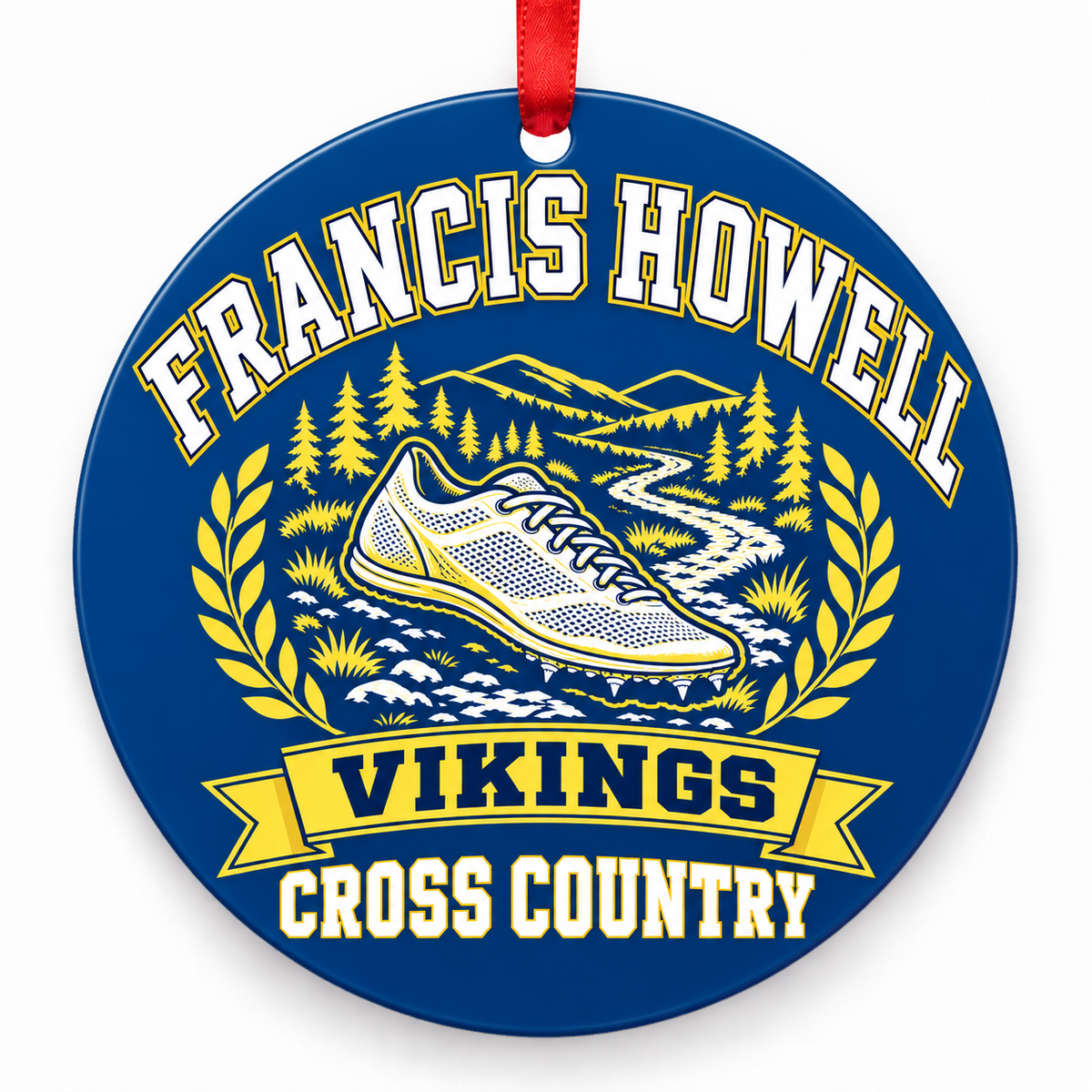 Francis Howell High School Vikings Cross Country Christmas ornament — Design 1 — blue and gold with red ribbon