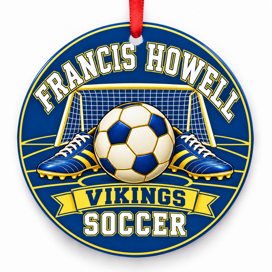 Francis Howell High School Vikings Soccer Christmas ornament — Original Design — blue and gold with red ribbon