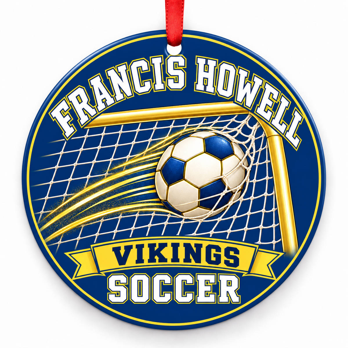 Francis Howell High School Vikings Soccer Christmas ornament — Ball and Goal — blue and gold with red ribbon