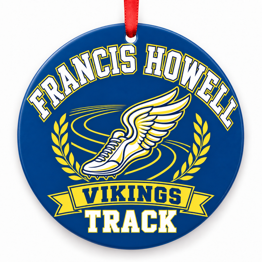 Francis Howell High School Vikings Track Christmas ornament — Original Design — blue and gold with red ribbon