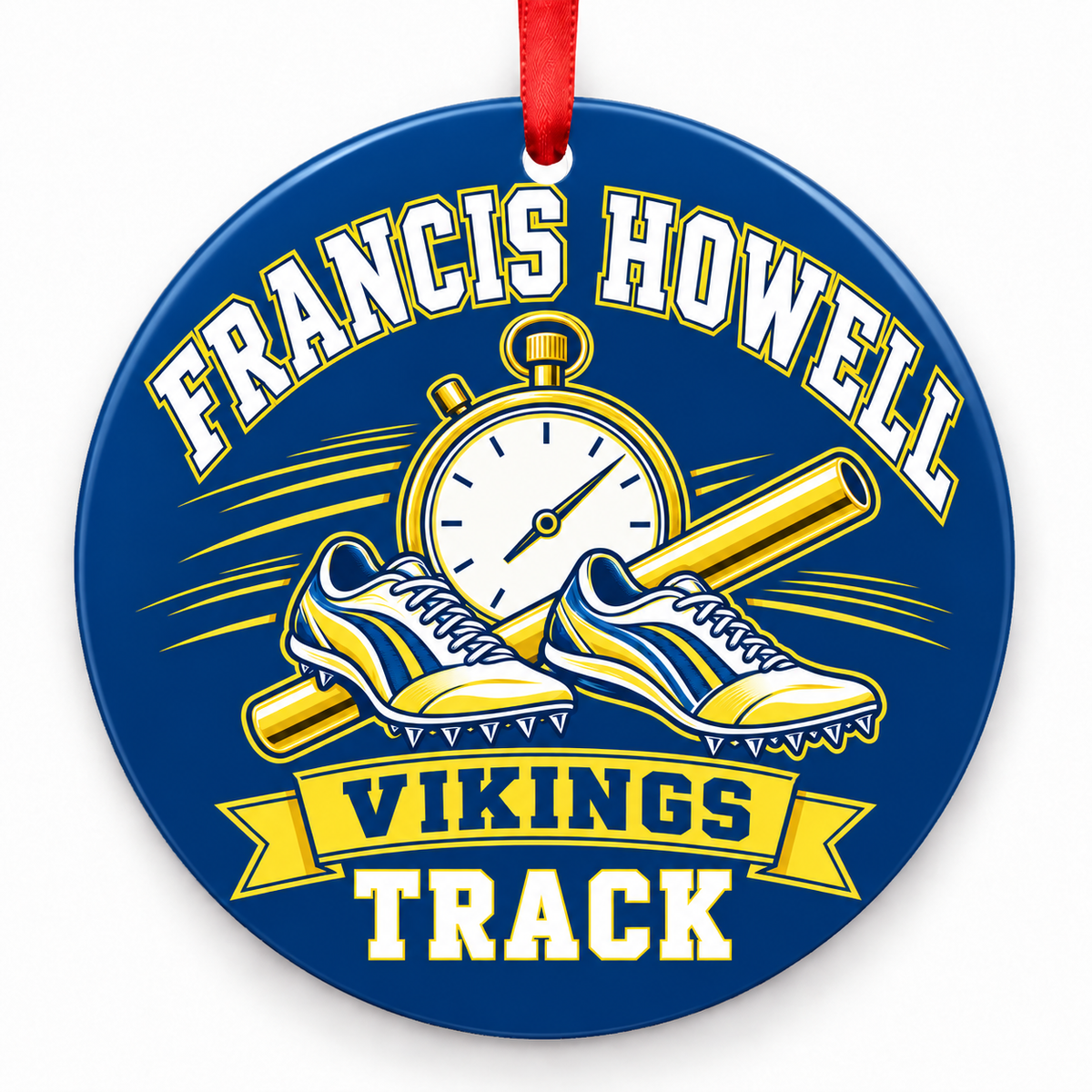 Francis Howell High School Vikings Track Christmas ornament — Stopwatch and Spikes — blue and gold with red ribbon