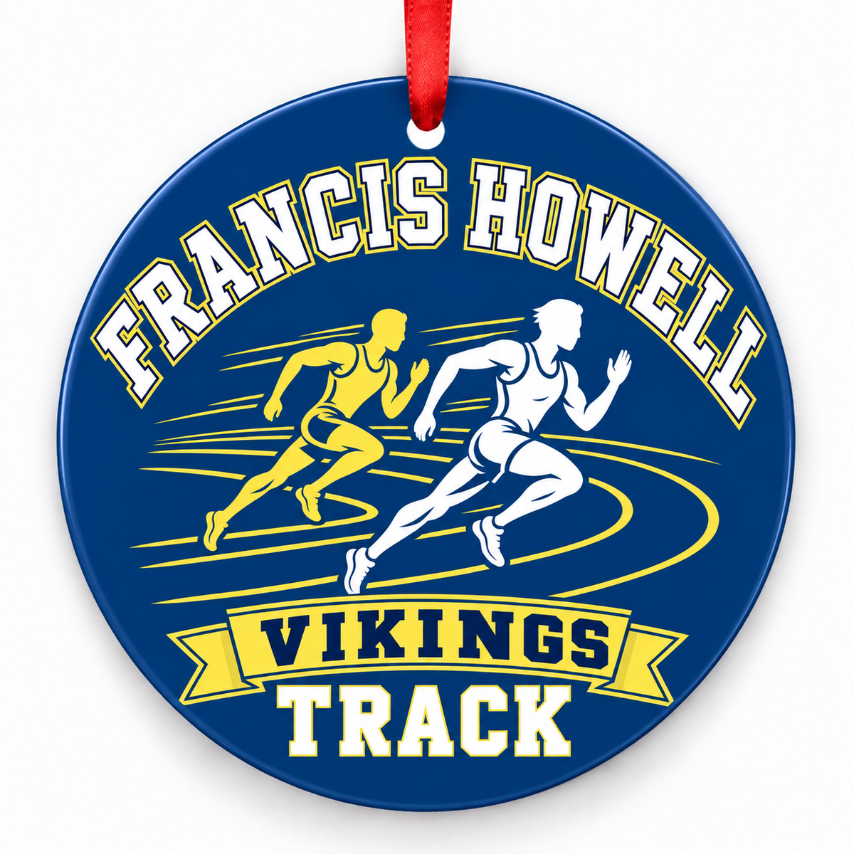Francis Howell High School Vikings Track Christmas ornament — Runners — blue and gold with red ribbon