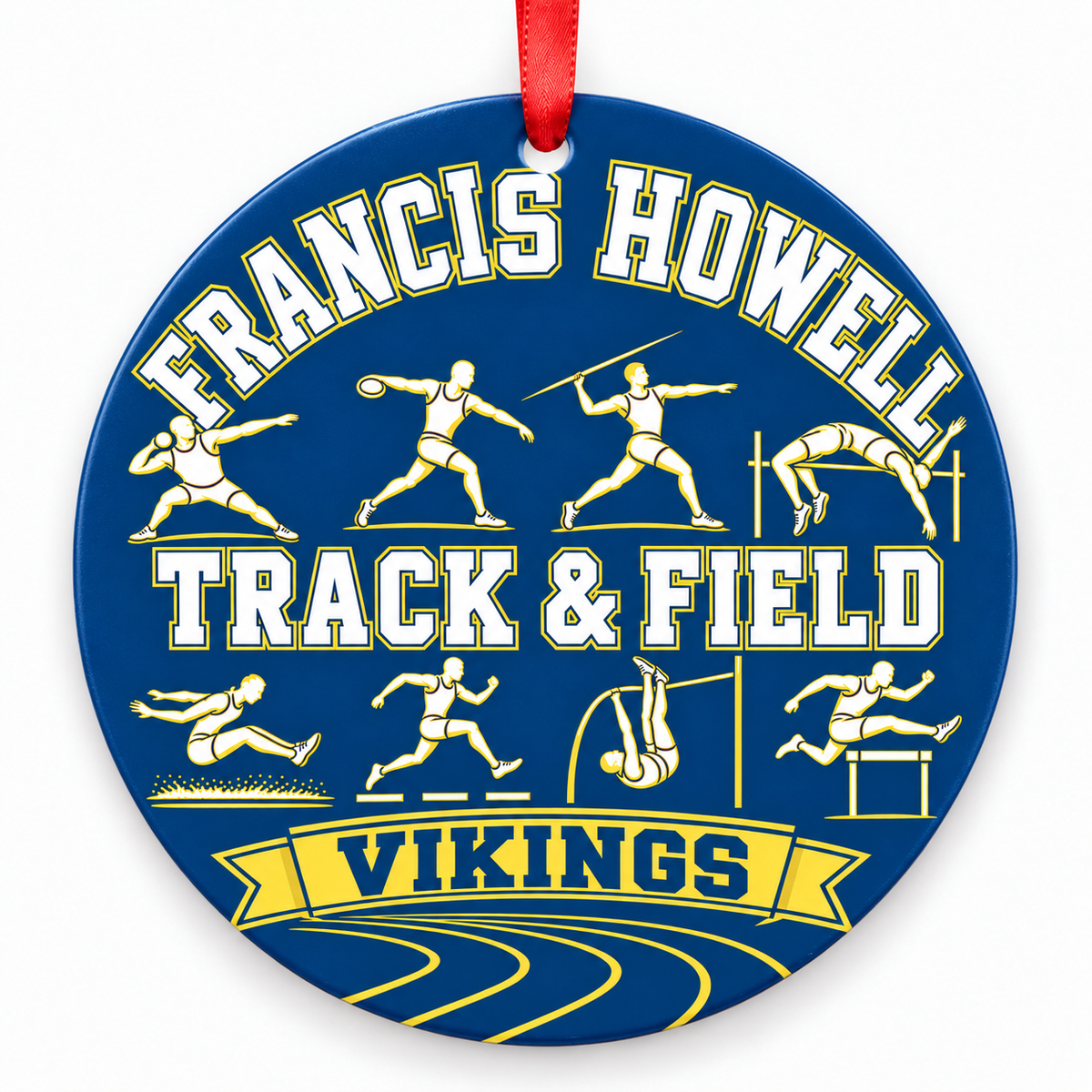 Francis Howell High School Vikings Track Christmas ornament — Track and Field — blue and gold with red ribbon