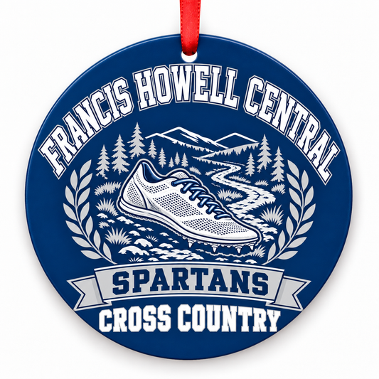 Francis Howell Central High School Spartans Cross Country Christmas ornament — Design 1 — navy blue and silver with red ribbon